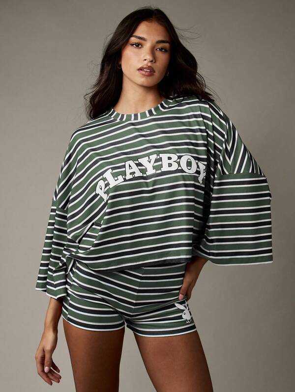 Missguided X Playboy MISSGUIDED Striped Co Ord Set With Oversized Top And Shorts