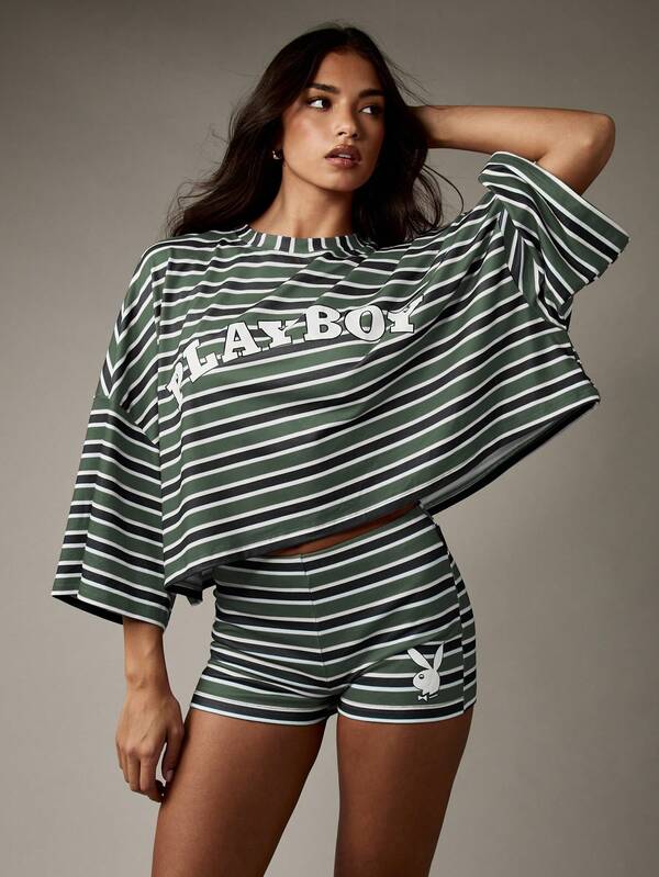 Missguided X Playboy MISSGUIDED Striped Co Ord Set With Oversized Top And Shorts