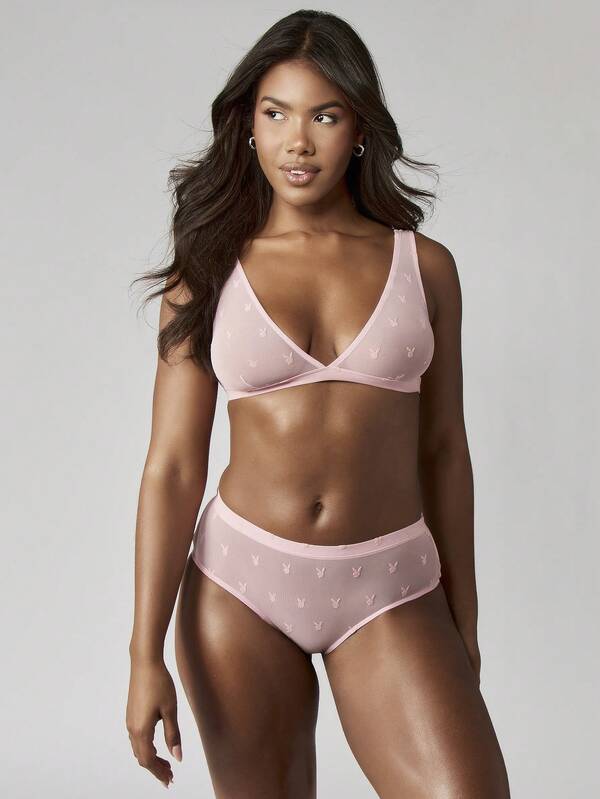 Missguided X Playboy MISSGUIDED Triangle Bralette And High Waist Brief With Bunny Print