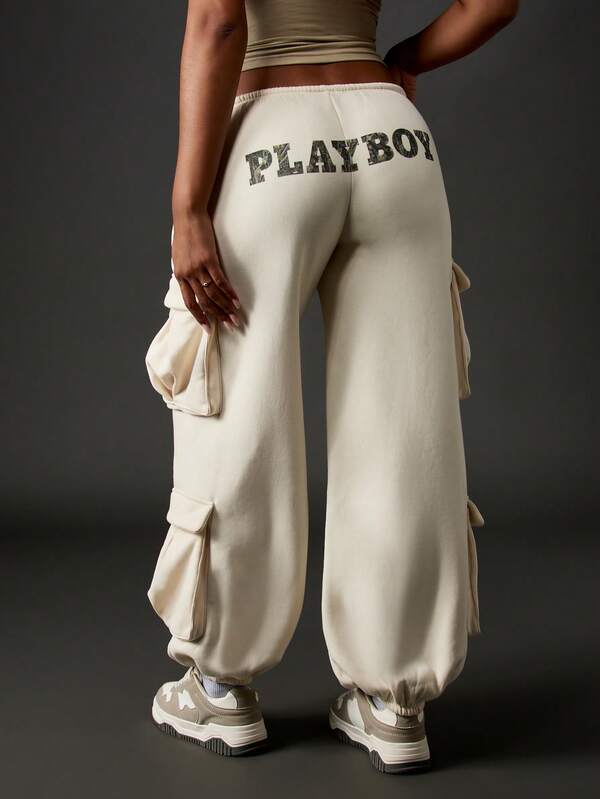 Missguided X Playboy MISSGUIDED Wide Leg Cargo Pants With Multiple Pockets And Drawstring Waist
