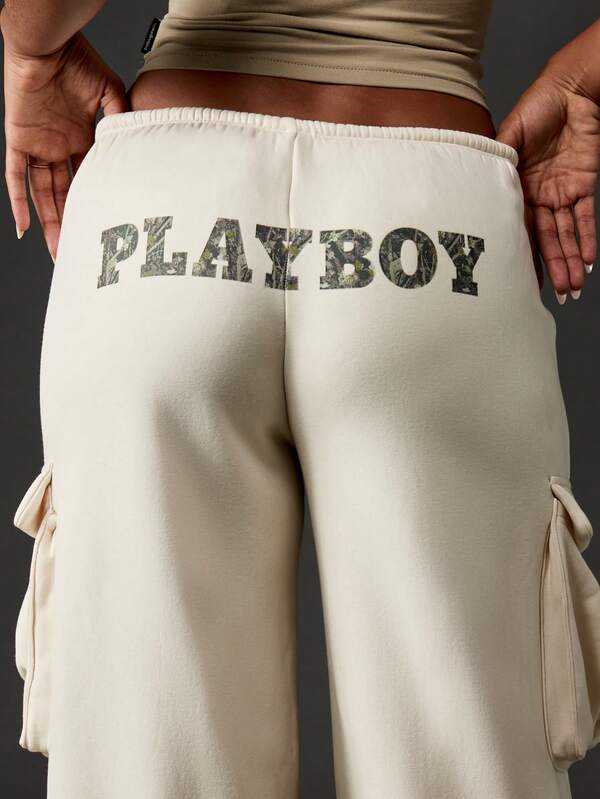 Missguided X Playboy MISSGUIDED Wide Leg Cargo Pants With Multiple Pockets And Drawstring Waist