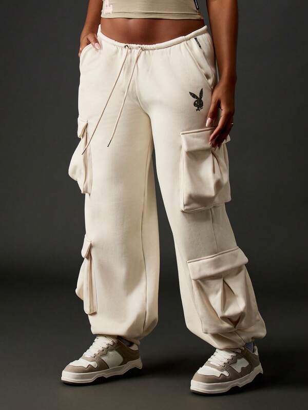 Missguided x Playboy MISSGUIDED Wide Leg Cargo Pants With Multiple Pockets And Drawstring Waist