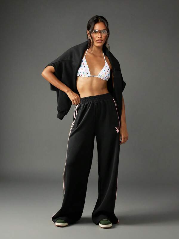 Missguided X Playboy MISSGUIDED Wide Leg Jogger Sweatpants With Stripe Detail