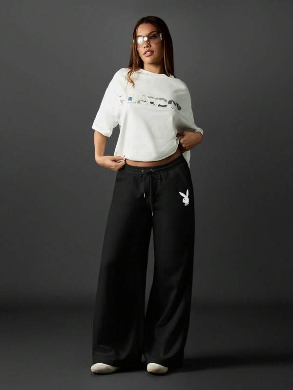 Missguided X Playboy MISSGUIDED Wide Leg Joggers With Logo