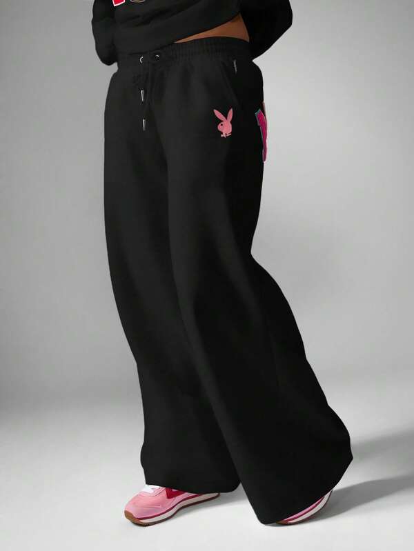 Missguided X Playboy MISSGUIDED Wide Leg Sweatpants With Colorful Applique Patches