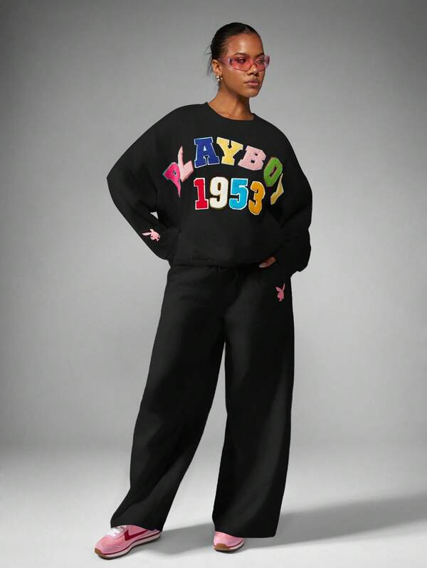 Missguided X Playboy MISSGUIDED Wide Leg Sweatpants With Colorful Applique Patches