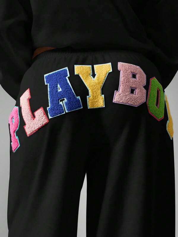 Missguided X Playboy MISSGUIDED Wide Leg Sweatpants With Colorful Applique Patches