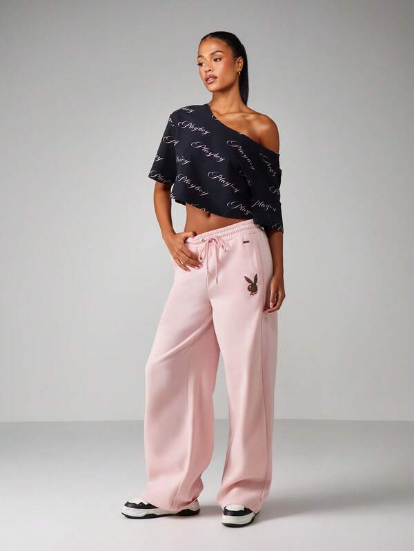 Missguided X Playboy MISSGUIDED Wide Leg Sweatpants With Bunny Embroidery