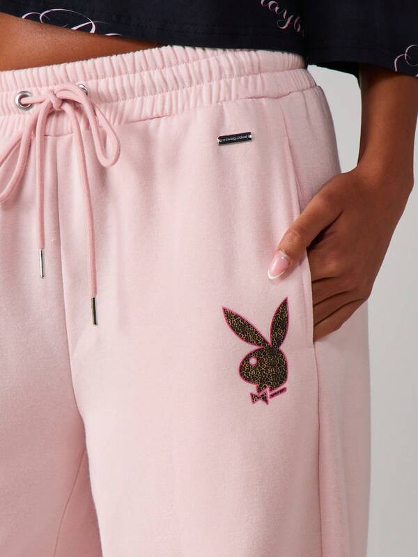 Missguided X Playboy MISSGUIDED Wide Leg Sweatpants With Bunny Embroidery
