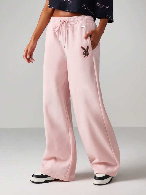 Missguided x Playboy MISSGUIDED Wide Leg Sweatpants With Bunny Embroidery