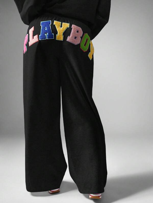 Missguided x Playboy MISSGUIDED Wide Leg Sweatpants With Colorful Applique Patches