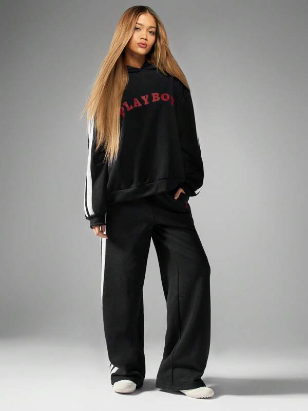 Missguided X Playboy MISSGUIDED Wide Leg Varsity Stripe Athleisure Sweatpants