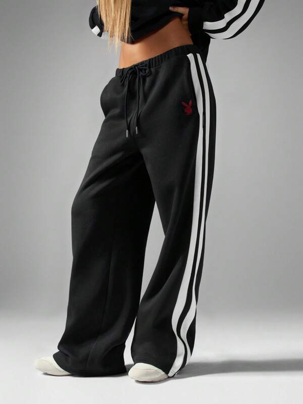 Missguided x Playboy MISSGUIDED Wide Leg Varsity Stripe Athleisure Sweatpants