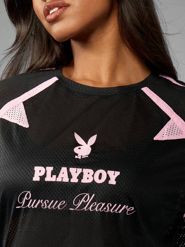 Missguided X Playboy MISSGUIDED Women's Oversized Jersey Graphic Logo Print T-Shirt