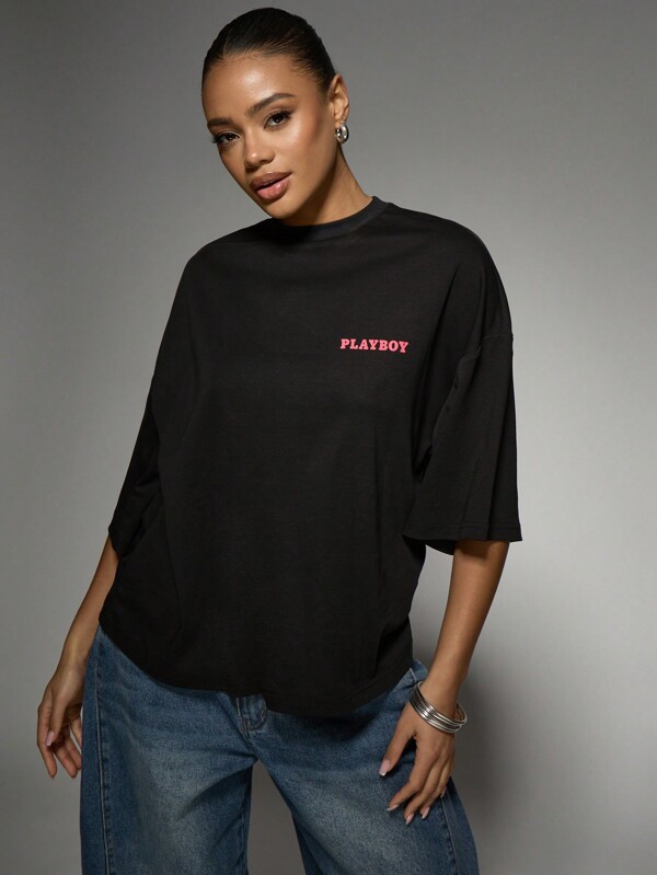 Missguided X Playboy MISSGUIDED Women's T-Shirt With Vintage Graphics And Bunny Print