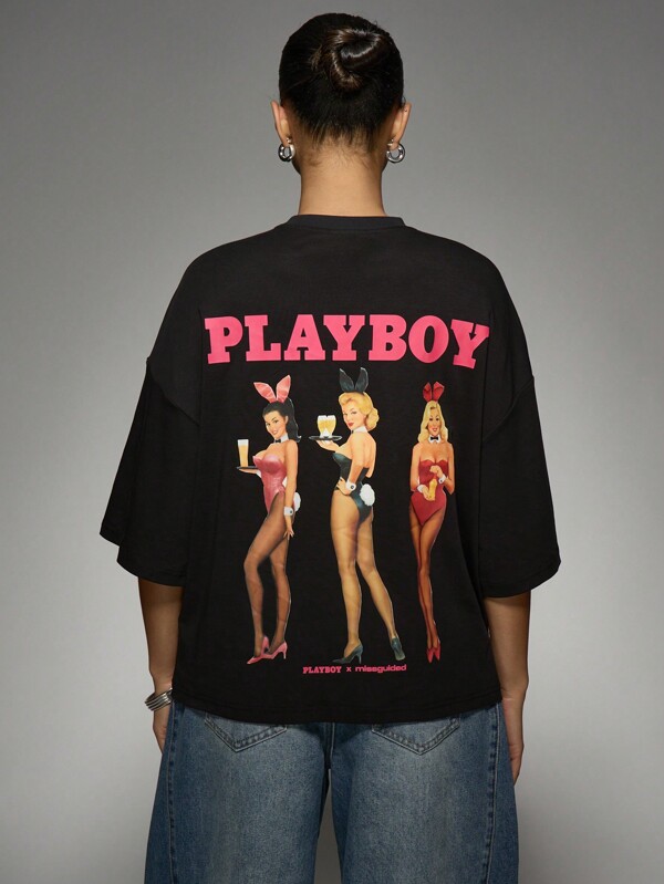 Missguided x Playboy MISSGUIDED Women's T-Shirt With Vintage Graphics And Bunny Print