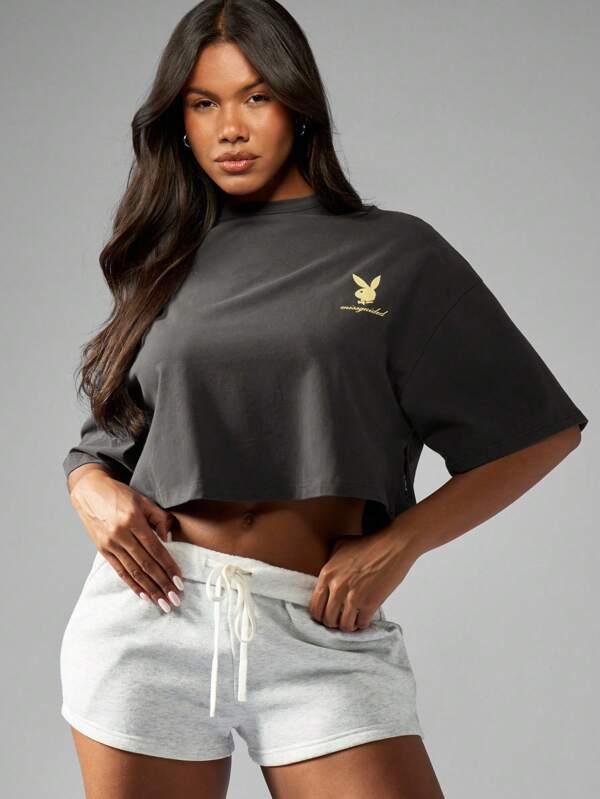 Missguided X Playboy MISSGUIDED Women T-Shirts Premium Cropped Graphic Logo Printed Short Sleeve Casual Style