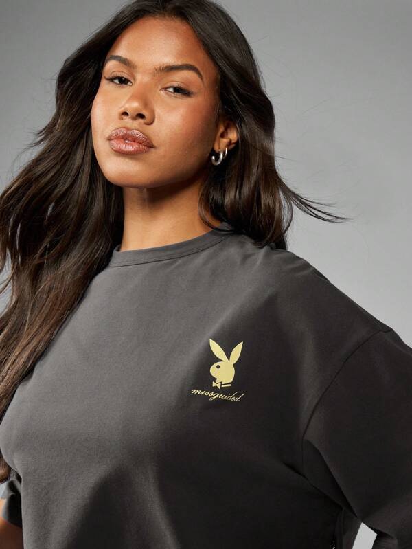 Missguided X Playboy MISSGUIDED Women T-Shirts Premium Cropped Graphic Logo Printed Short Sleeve Casual Style