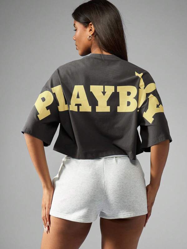 Missguided x Playboy MISSGUIDED Women T-Shirts Premium Cropped Graphic Logo Printed Short Sleeve Casual Style