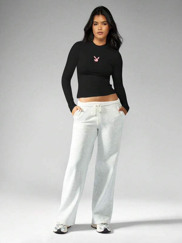 Missguided X Playboy MISSGUIDED Women Tops Fitted Long Sleeve Crop Top With Small Bunny Logo