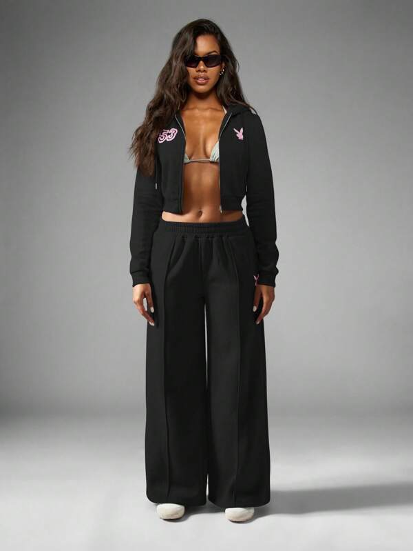 Missguided X Playboy MISSGUIDED Zip Up Crop Hoodie Sweatshirt With Bunny Logo And Number 53