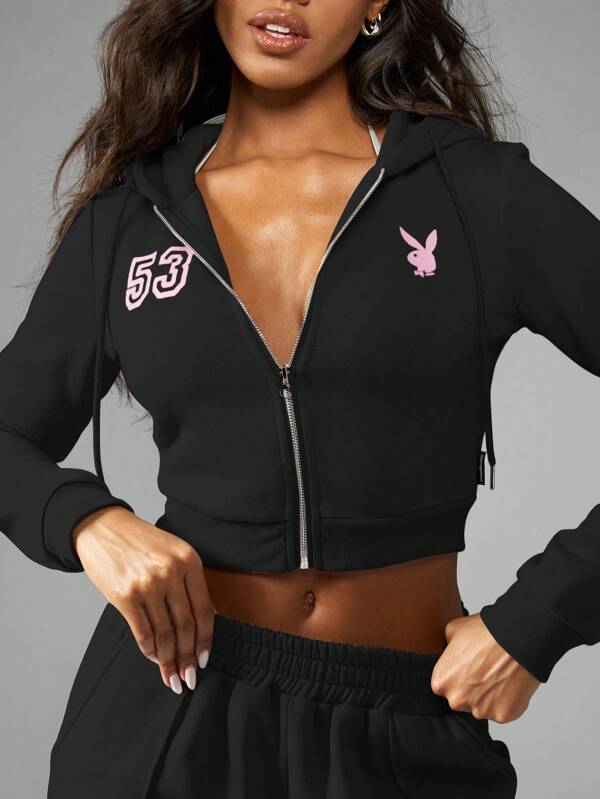 Missguided x Playboy MISSGUIDED Zip Up Crop Hoodie Sweatshirt With Bunny Logo And Number 53