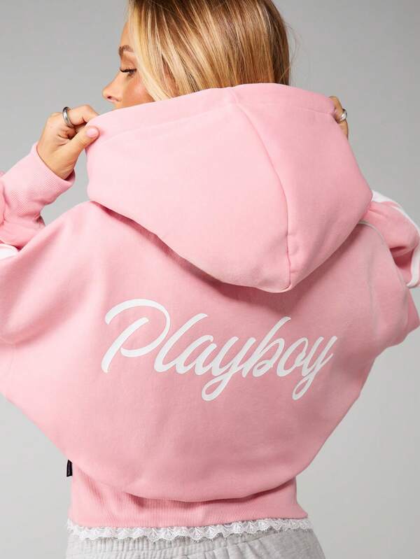 Missguided x Playboy MISSGUIDED Zip Up Hoodie With Embroidered Text