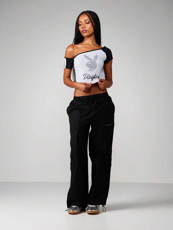 Missguided X Playboy Off Shoulder Crop Top With Embellished Logo