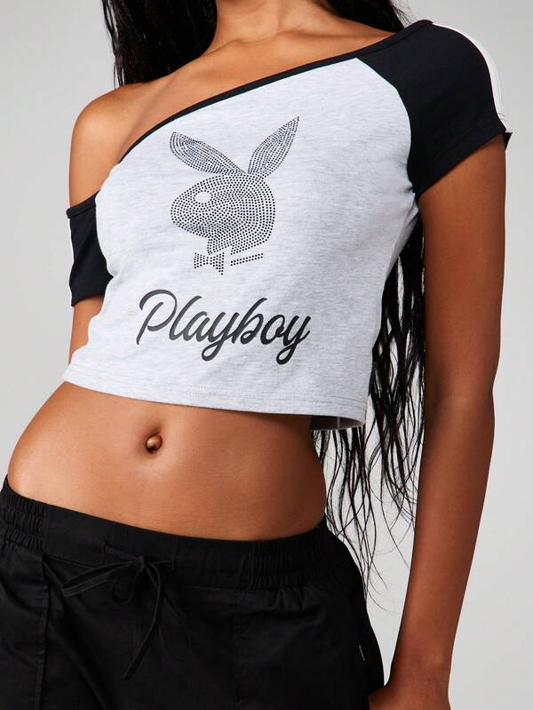 Missguided x Playboy Off Shoulder Crop Top With Embellished Logo