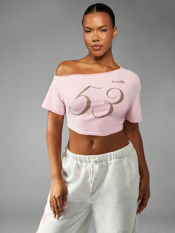 Missguided X Playboy Off Shoulder Crop Top With Number Print