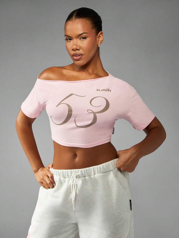 Missguided x Playboy Off Shoulder Crop Top With Number Print
