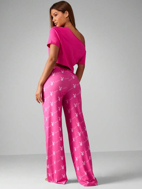Missguided X Playboy Off Shoulder Crop Top With Pajama Pants
