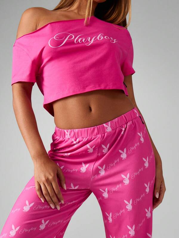 Missguided X Playboy Off Shoulder Crop Top With Pajama Pants