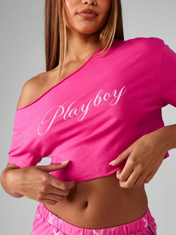 Missguided X Playboy Off Shoulder Crop Top With Pajama Pants