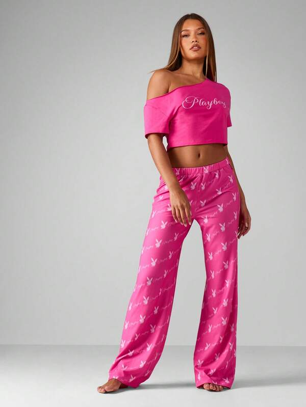 Missguided x Playboy Off Shoulder Crop Top With Pajama Pants