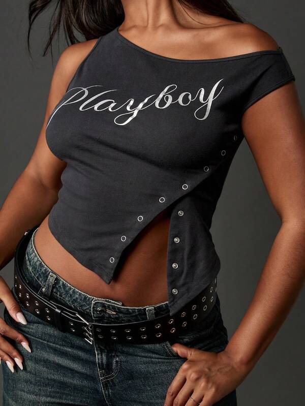 Missguided X Playboy Off Shoulder Crop Top With Side Eyelet Detail