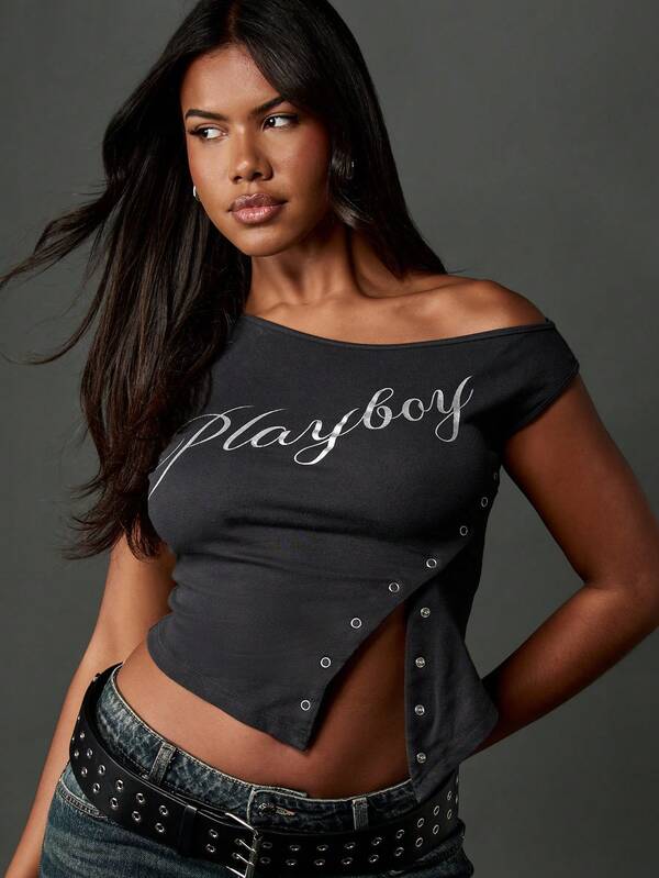 Missguided x Playboy Off Shoulder Crop Top With Side Eyelet Detail