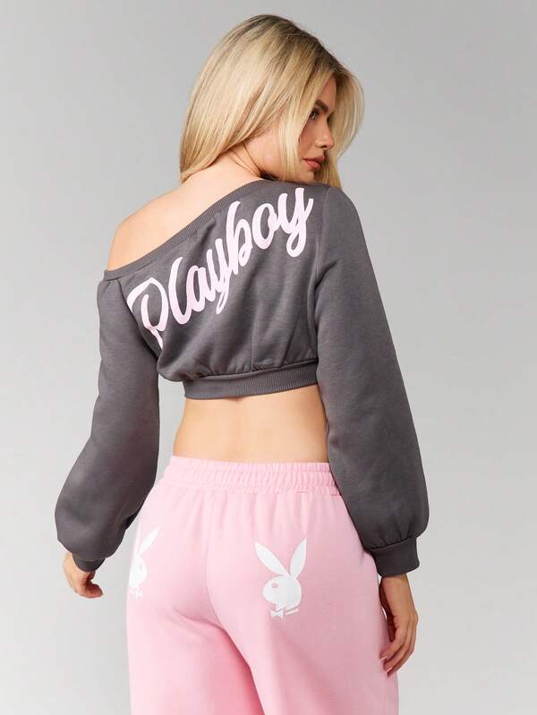 Missguided X Playboy Off Shoulder Cropped Sweatshirt With Script Print