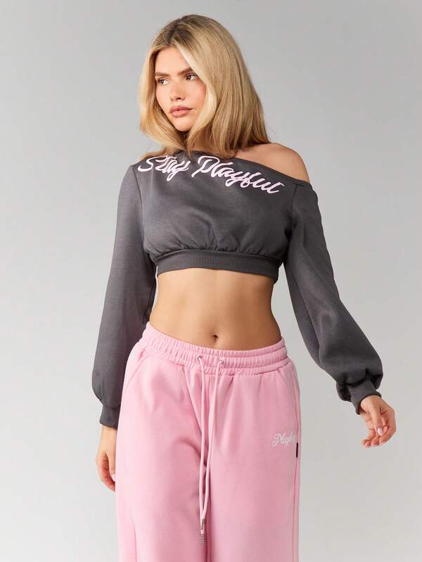 Missguided X Playboy Off Shoulder Cropped Sweatshirt With Script Print