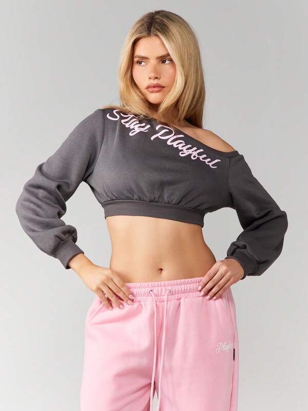 Missguided x Playboy Off Shoulder Cropped Sweatshirt With Script Print
