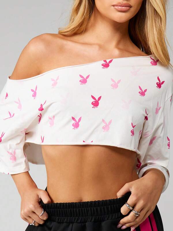 Missguided X Playboy Off Shoulder Cropped Top With Print
