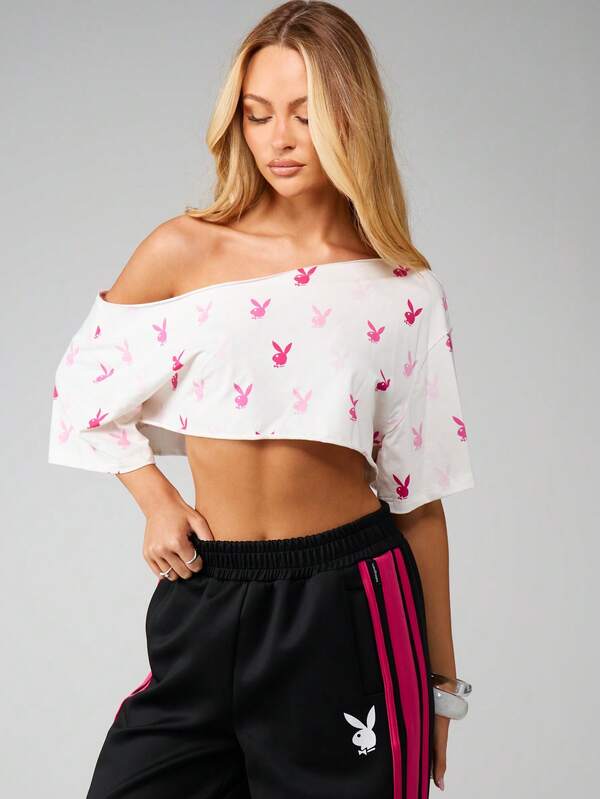 Missguided x Playboy Off Shoulder Cropped Top With Print