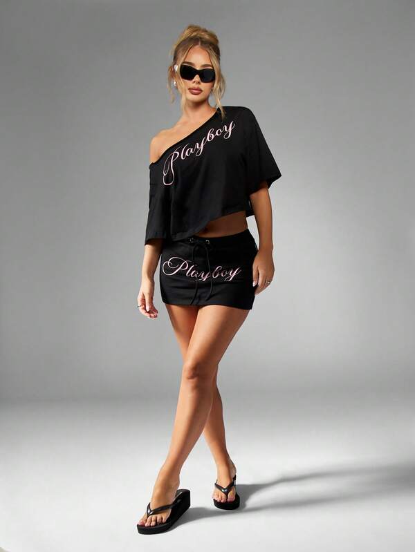 Missguided X Playboy Off Shoulder Distressed Crop Top