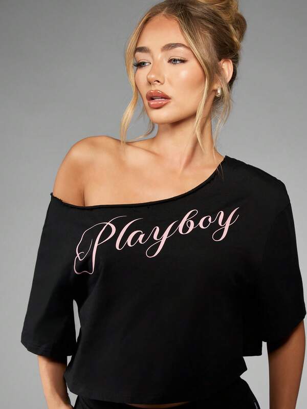 Missguided X Playboy Off Shoulder Distressed Crop Top