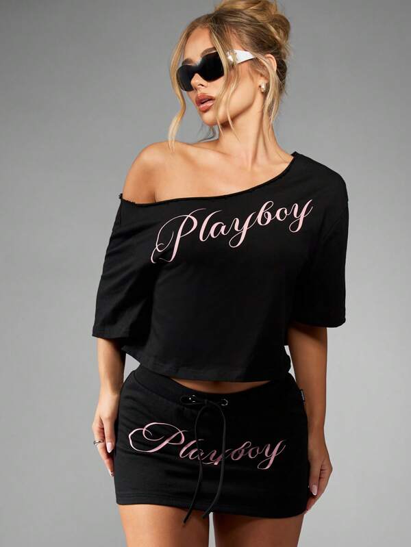 Missguided x Playboy Off Shoulder Distressed Crop Top