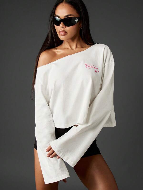 Missguided X Playboy Off-Shoulder Long Sleeve Crop Tee