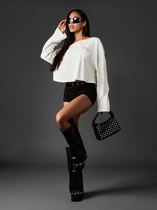 Missguided X Playboy Off-Shoulder Long Sleeve Crop Tee