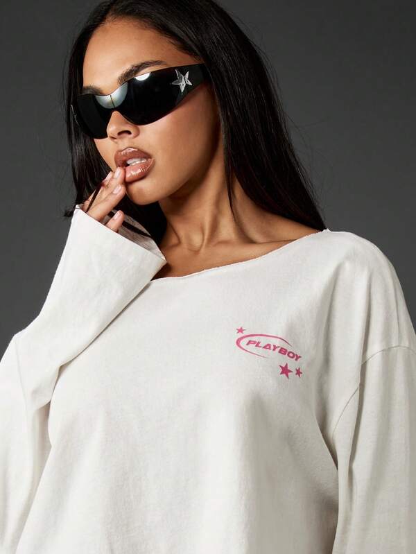 Missguided X Playboy Off-Shoulder Long Sleeve Crop Tee