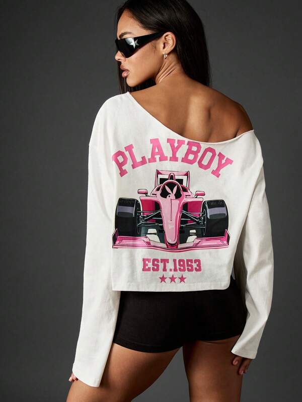 Missguided x Playboy Off-Shoulder Long Sleeve Crop Tee