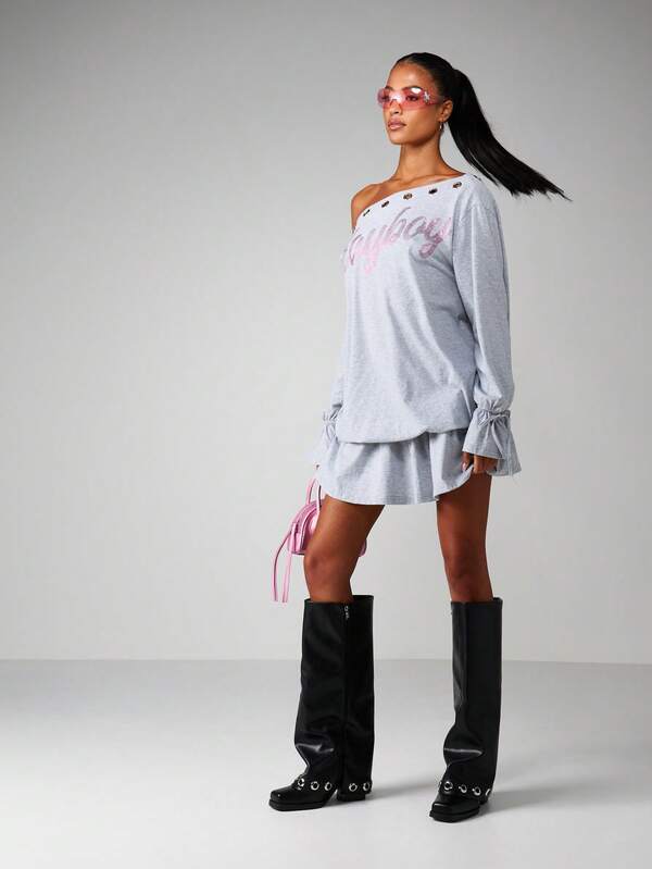 Missguided X Playboy Off Shoulder Mini Dress With Rhinestone Print
